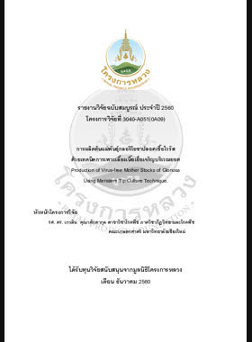 การผลิตต้นแม่พันธุ์กลอริโอซาปลอดเชื้อไวรัส ด้วยเทคนิคการเพาะเลี้ยงเนื้อเยื่อเจริญบริเวณยอด = Production of virus-free mother stocks of gloriosa using meristem tip culture technique / เกวลิน คุณาศักดากุล, สิริสุภาพร คำสุกดี และศิริมาศ ชัยชม,Production of virus-free mother stocks of gloriosa using meristem tip culture technique book
