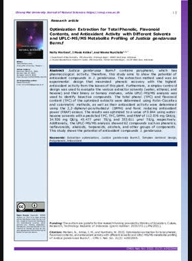 Optimization Extraction for Total Phenolic, Flavonoid Contents, and Antioxidant Activity with Different Solvents and UPLC-MS/MS Metabolite Profiling of Justicia gendarussa Burm.f book