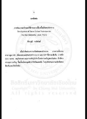 การพัฒนาเทคนิคและวิธีการเพาะเลี้ยงเนื้อเยื่อของผักหวาน = Development of tissue culture technique for Pak Wan (Melientha sauvis pierr.) / พีระวุฒิ วงศ์สวัสดิ์ book